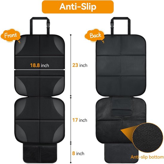 Zwarte autostoelbeschermers met afmetingen en antislip onderkant.