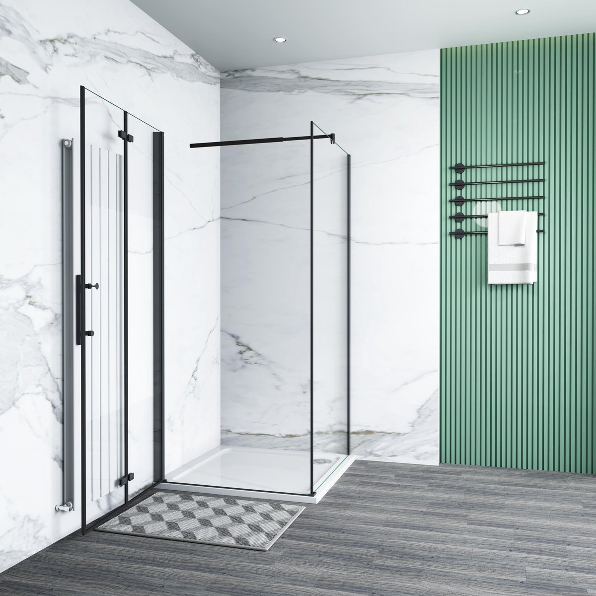 Aica douchecabine 110x76x185cm vouwdeur en vaste zijwand 6mm helder EasyClean veiligheidsglas mat zwarte aluminium frame stabilisatiestang 70-120 cm incl. douchebak