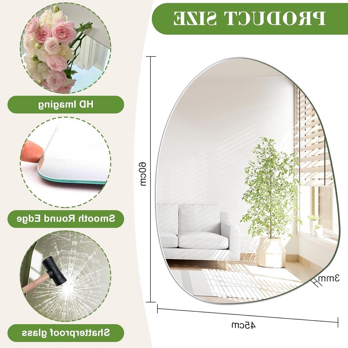 Asymmetrische Wandspiegel van Irregulier Glas 45 x 60 cm - Decoratieve Spiegel voor Woonkamer, Badkamer en Hal
