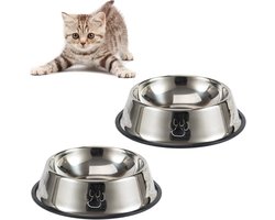 Rvs Anti-Slip Voer- en Waterbakken voor Katten, Set van 2, Duurzaam en Makkelijk Schoon te Maken, Ideaal voor Kittens