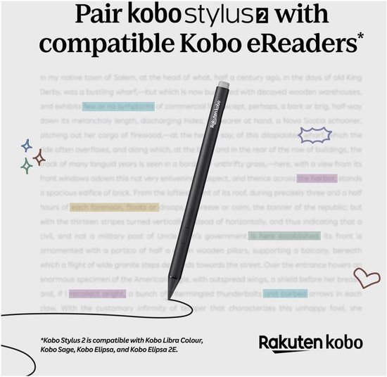 Kobo Stylus 2 Pen voor eReader - Zwart - Oplaadbaar - Markeerknop - Gum