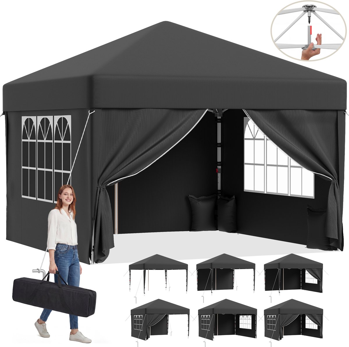 Devoko partytent–Opvouwbaar tuinpaviljoen 3x3–pop-up tuinpaviljoen in 20 sec–Waterdicht & UV-bestendig–met opbergtas–4 zijwanden–Grijs