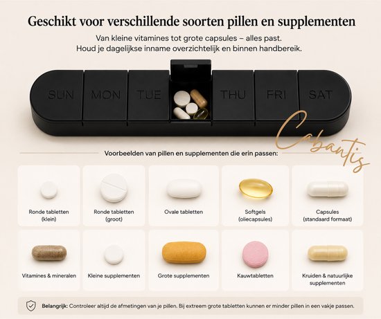 Zwarte pillendoos van Cabantis opengemaakt, met verschillende pillen en supplementen erin.