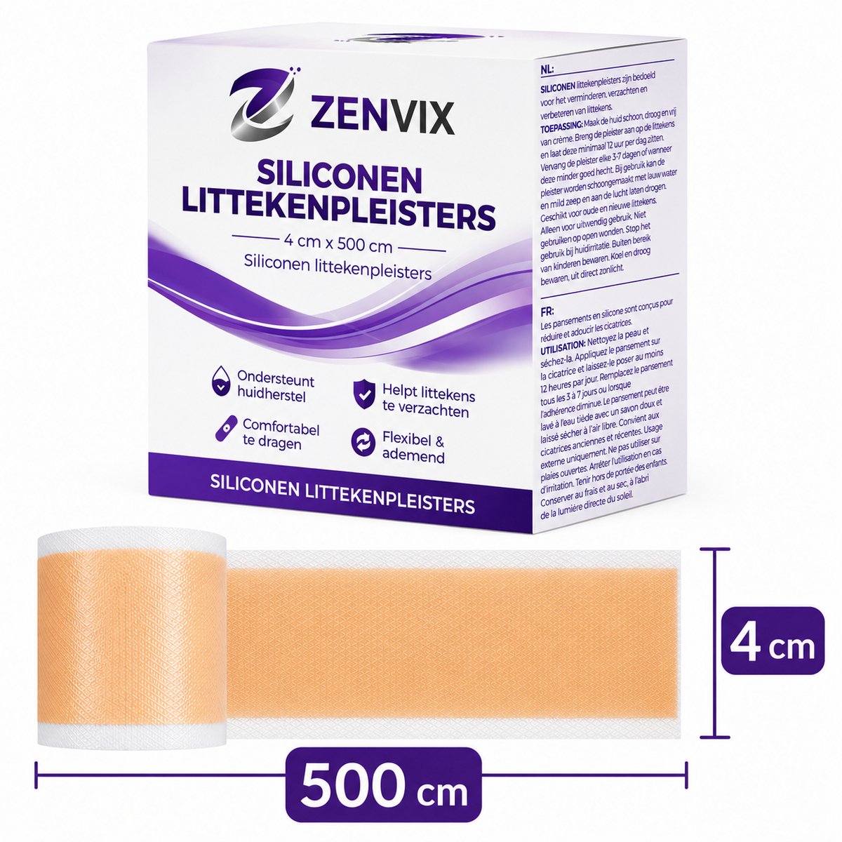 Zenvix® Siliconen Litteken Pleister 4x500 cm – Litteken Vervager - Scar Sheets – Littekens Pleisters Tape – Striemen - Silicone Scar Tape