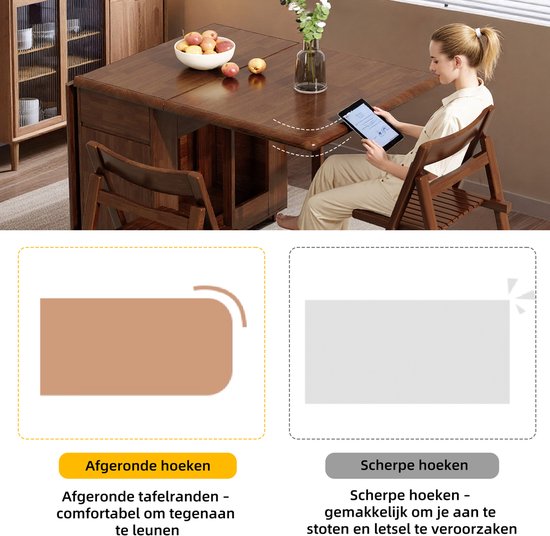 Bruine eettafel met een vrouw die eraan zit. Afbeeldingen tonen afgeronde hoeken en scherpe hoeken.