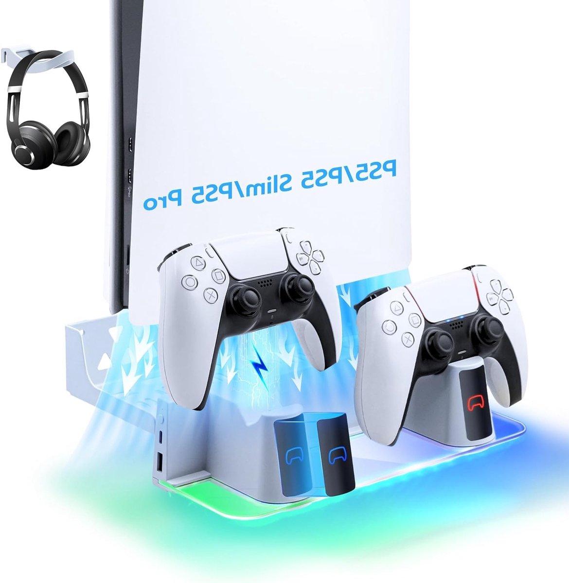 PS5 Wandmontage met Snellader, Dubbele Controller en RGB Verlichting voor Playstation 5 Console, Wit - Perfecte Oplossing voor Gaming Accessoires