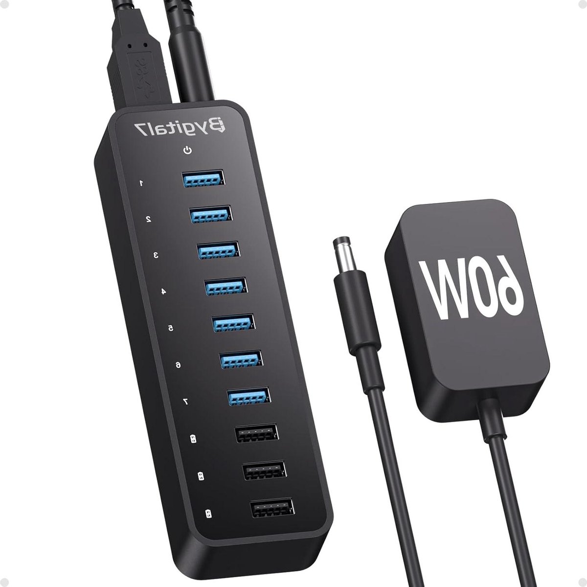 USB Hub - USB-uitbreiding Datapoorten - Apparaten Koppelen - 10 Poorten - 60W - Zwart