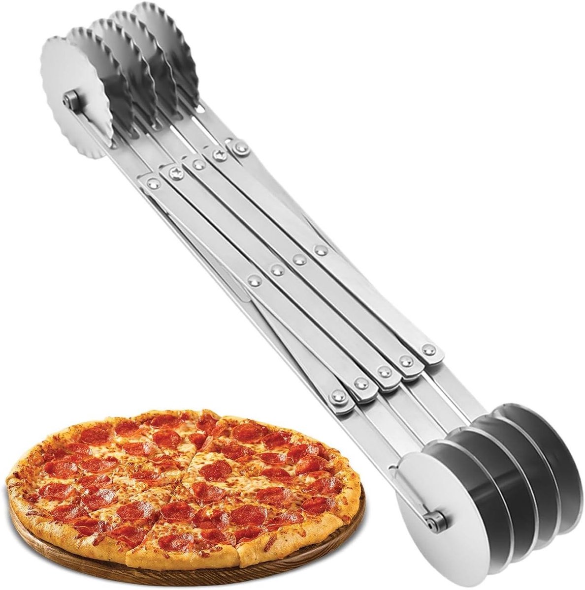 Gebaksnijderwiel - Deegroller Pizza Snijder - Taarten en Pizza Snijden - Verstelbare Snijbreedtes - 33L x 5W cm - Zilver