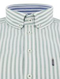 Detail van groen-wit gestreept overhemd met button-down kraag en blauwe strepen.