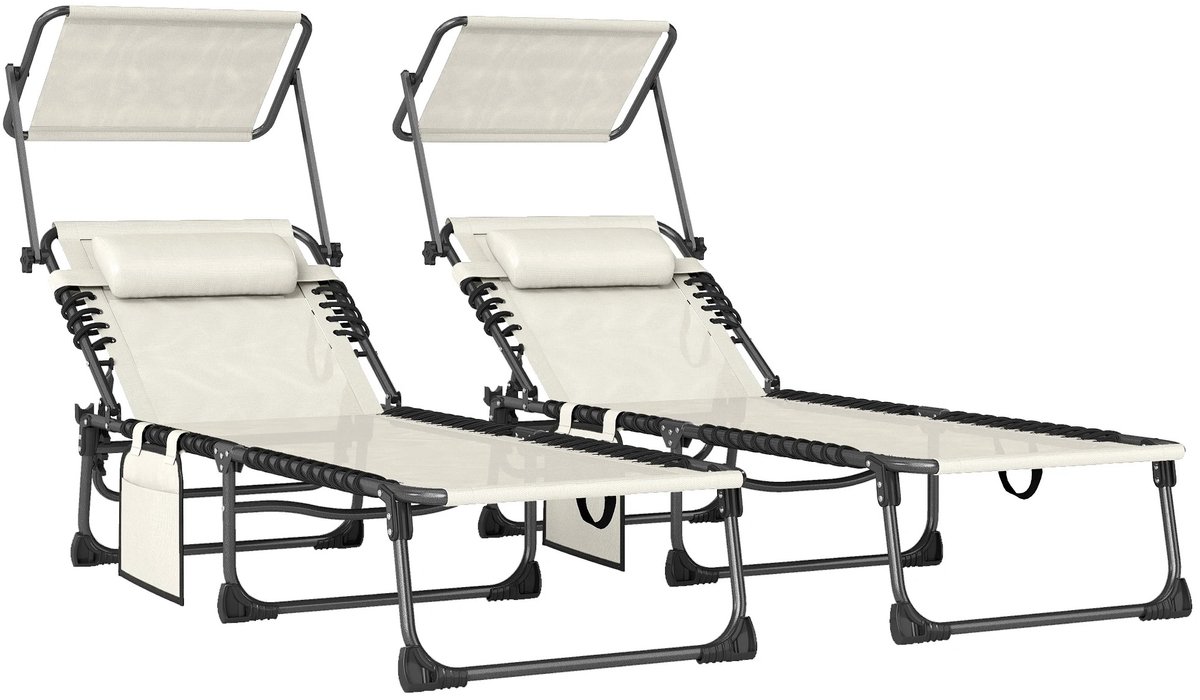 NordHaus Opvouwbare Ligstoelen Set - Tuinligbedden - Relaxstoelen met Parasol - 5 Verstelbare Posities - Wit 190x57 cm