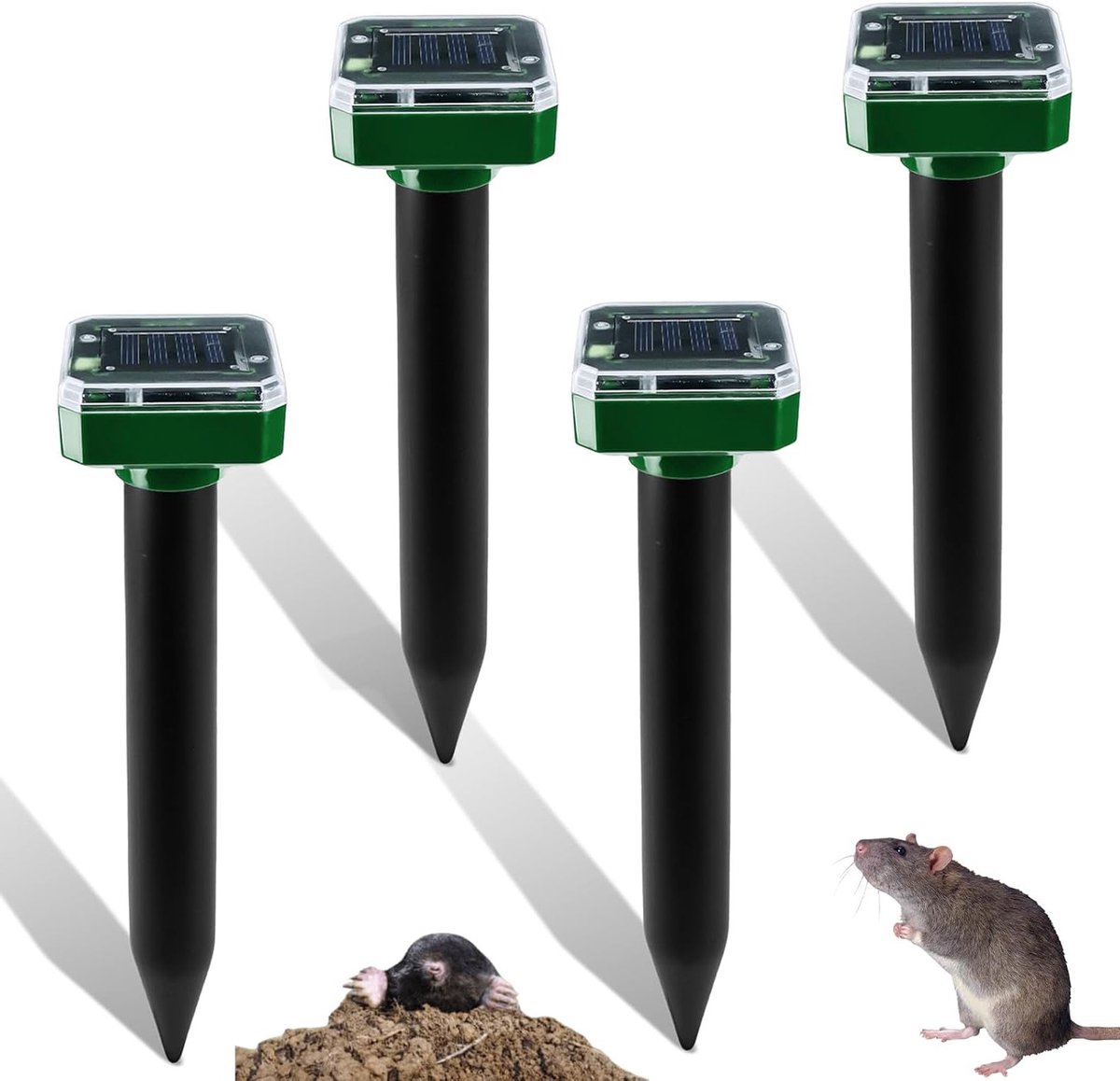 Zonne-energie Mollenverjager, 4 stuks, IP65 waterdicht, effectieve mollenbestrijding en woelmuizenafschrikking voor de tuin