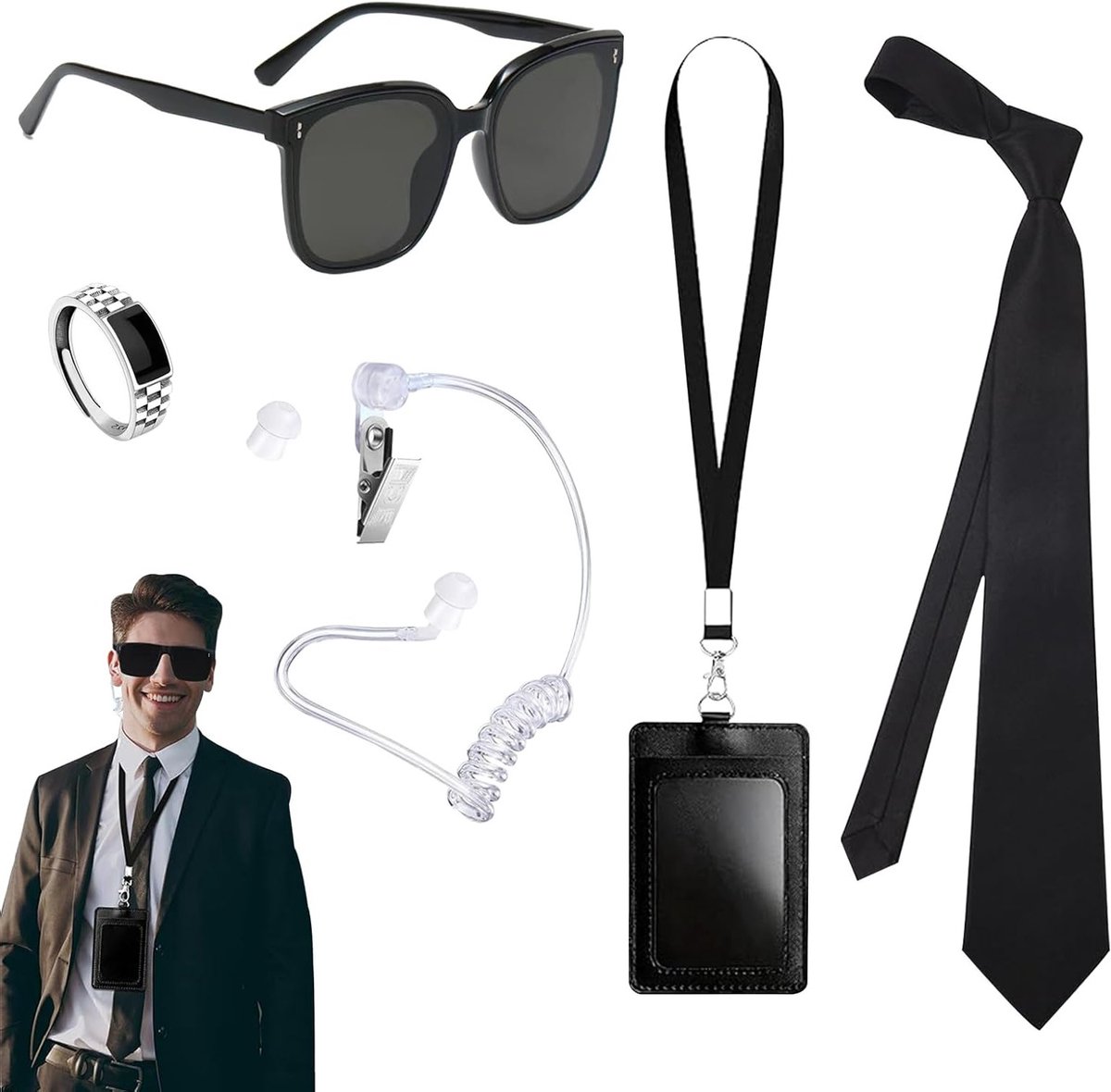Agent Kostuum Accessoires Set met Zwarte Zonnebril, Stropdas, Oortelefoon en ID Kaarthouder voor Mannen en Vrouwen - Perfect voor Verkleedpartijen en Themadagen