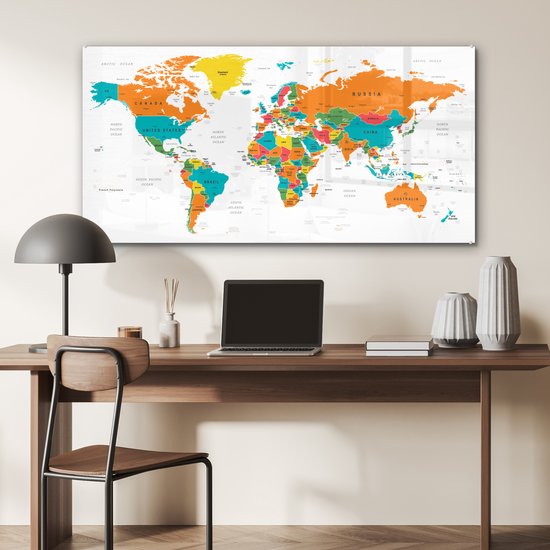 MuchoWow® Peinture sur verre 120x60 cm - Peinture sur verre acrylique - Wereldkaart Enfants - Terre - Topographie - Photo sur verre - Peintures