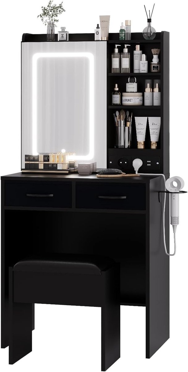 HOERFURIY Moderne Kaptafel met LED Spiegel & Laadstation - Make-up Tafel met 2 Laden - Inclusief Krukje met Opbergruimte - 3 Lichtstanden & Dimbaar - Zwart