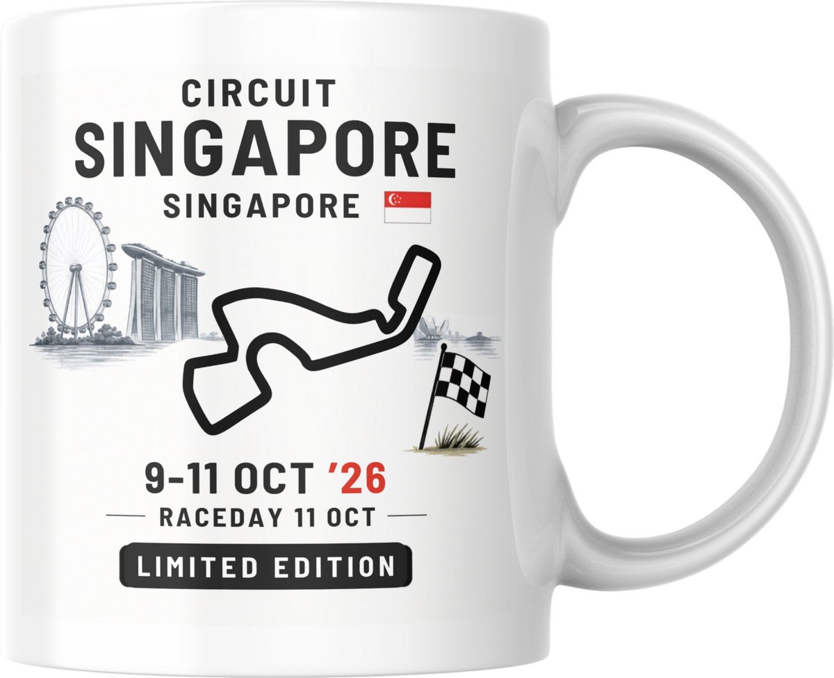 Hip met Pit Creaties - F1 Mok Singapore 2026 - Formule 1 Circuit Mok - Grand Prix Singapore 9-11 OKT '26 - Racedag 11 OKT - F1 Cadeau - Limited Edition Racefan Merchandise