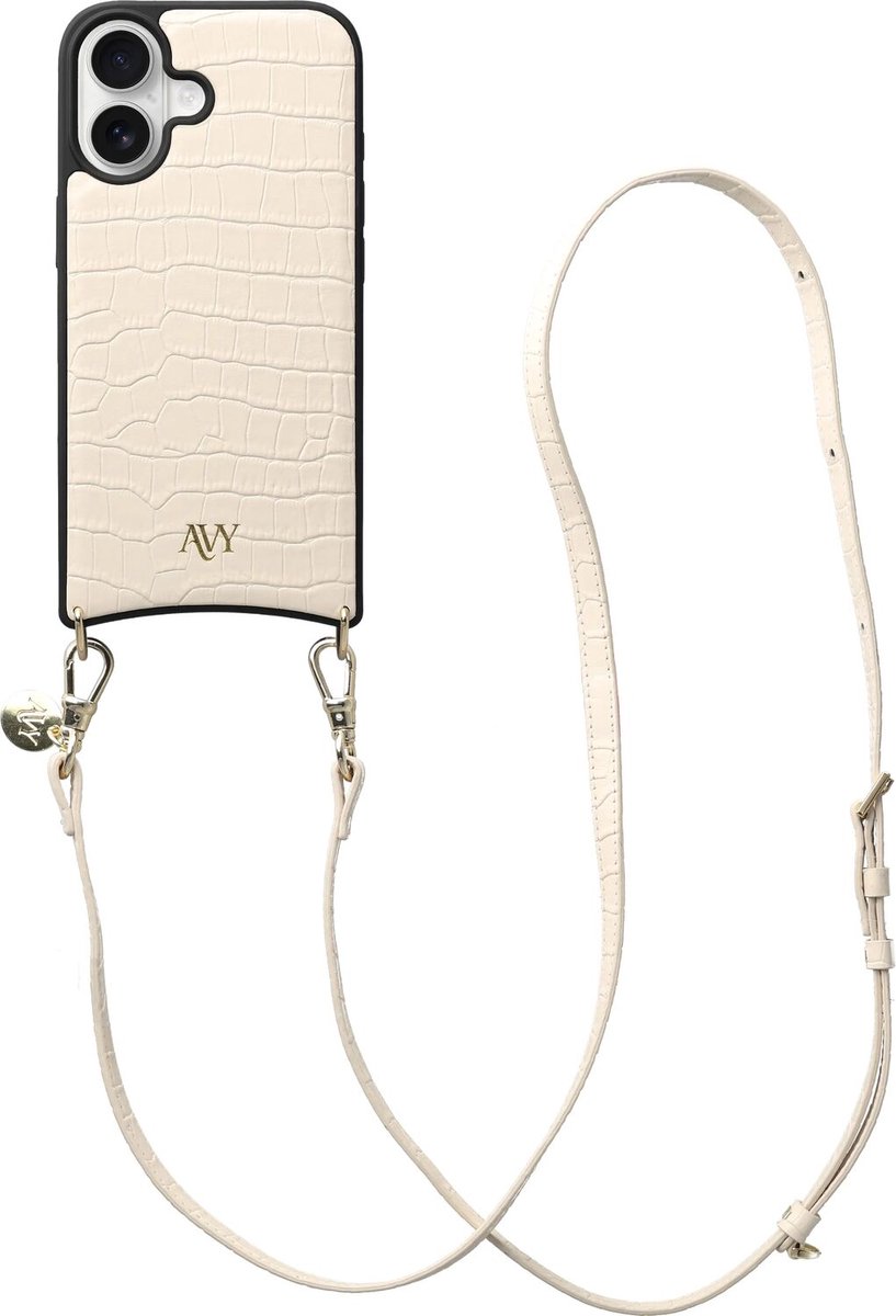 AVY Leren Hoesje Geschikt voor Apple iPhone 17 | Compatibel met MagSafe | Leather Case met Telefoonkoord | Crossbody | Croco Beige | Long Leather
