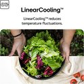 Handen die een zwarte kom met gemengde salade vasthouden, met een 'LinearCooling' icoon.