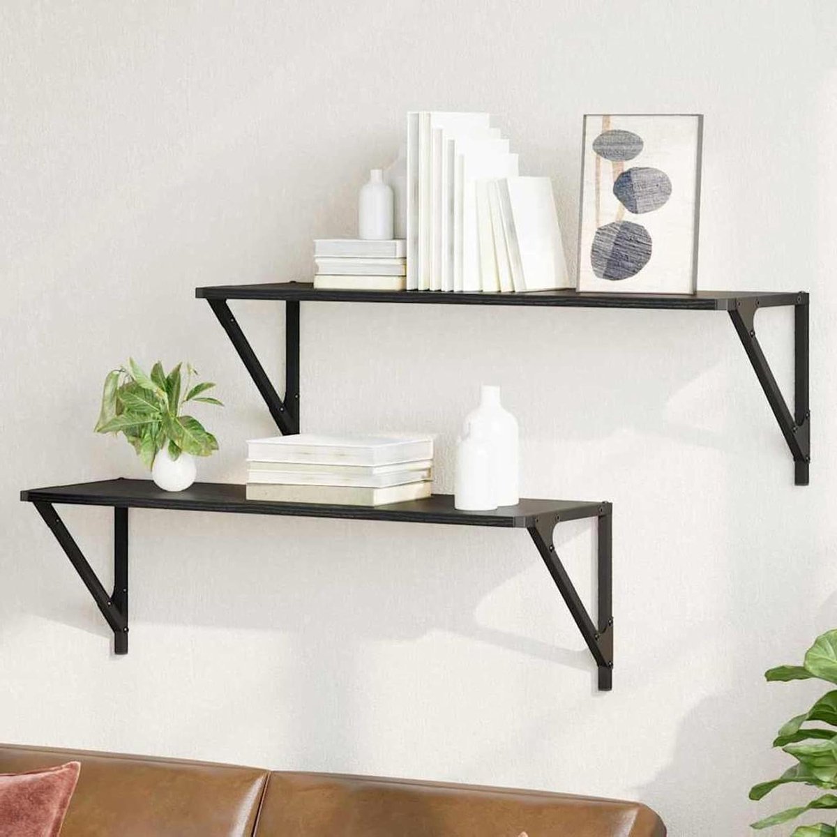 Wandplanken Set - Opbergplanken - Ruimte Organiseren - Stevig Metaal Frame - 80 x 25 cm - Zwart Eiken