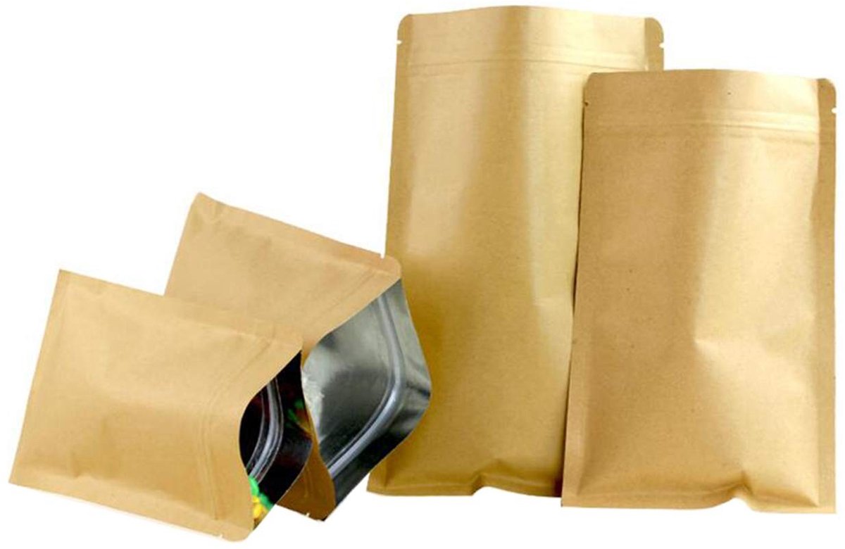 aladdien - Kraftpapier Zipper Pouches - Perfect voor Koffie en Thee - 50 Stuks - Ideaal voor Verpakken - Formaat 6x8 cm - Geschikt voor Cadeaus - Kl...