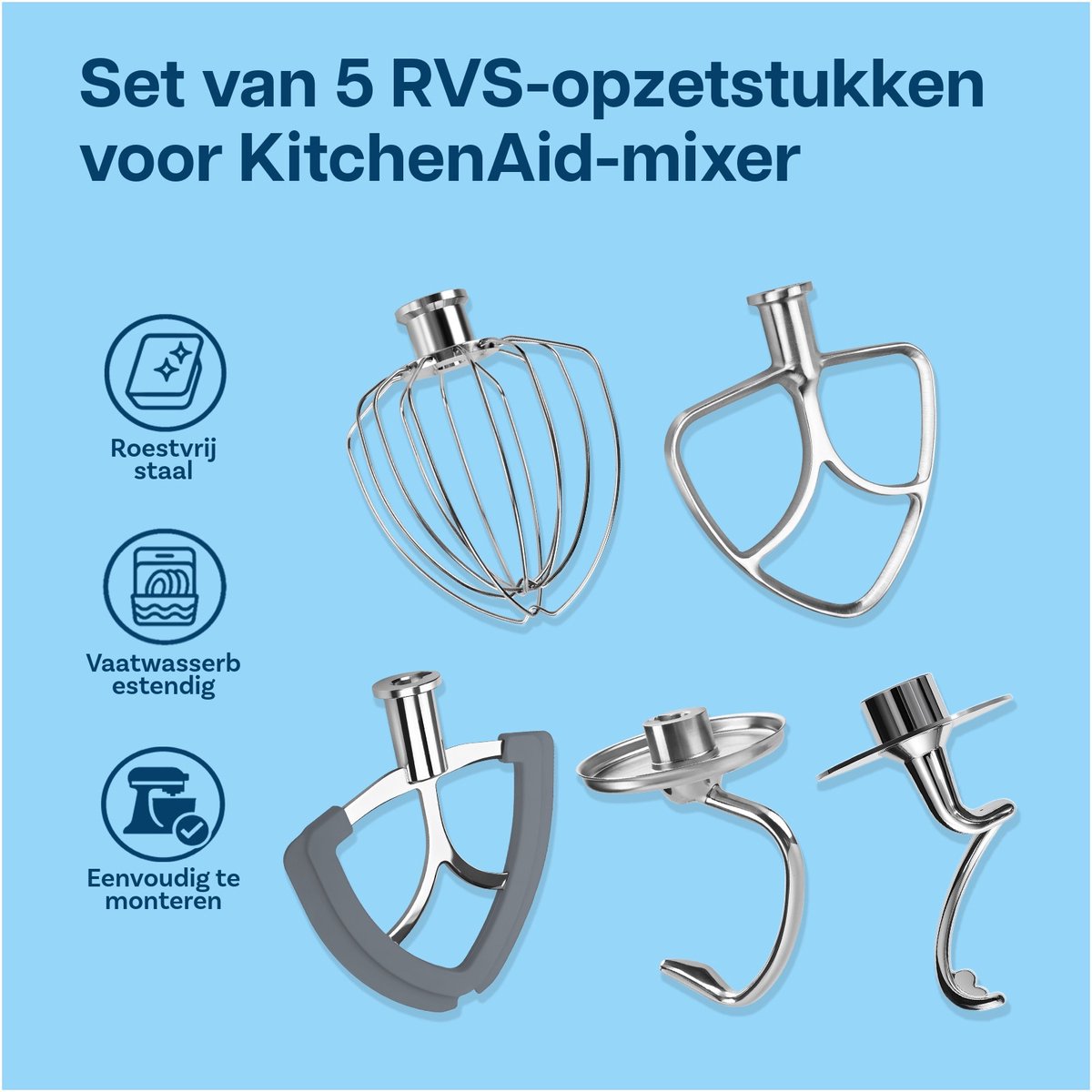 5-Delige Accessoireset voor KitchenAid 4.3, 4.7/4.8L Tilt-Head Stand Mixers Artisan & Classic Series van MMOBIEL - K45 6-Draads Garde, Platte Mixer, Flex Edge Klopper, Spiralen Deeghaak & Deeghaak - RVS thumbnail 3