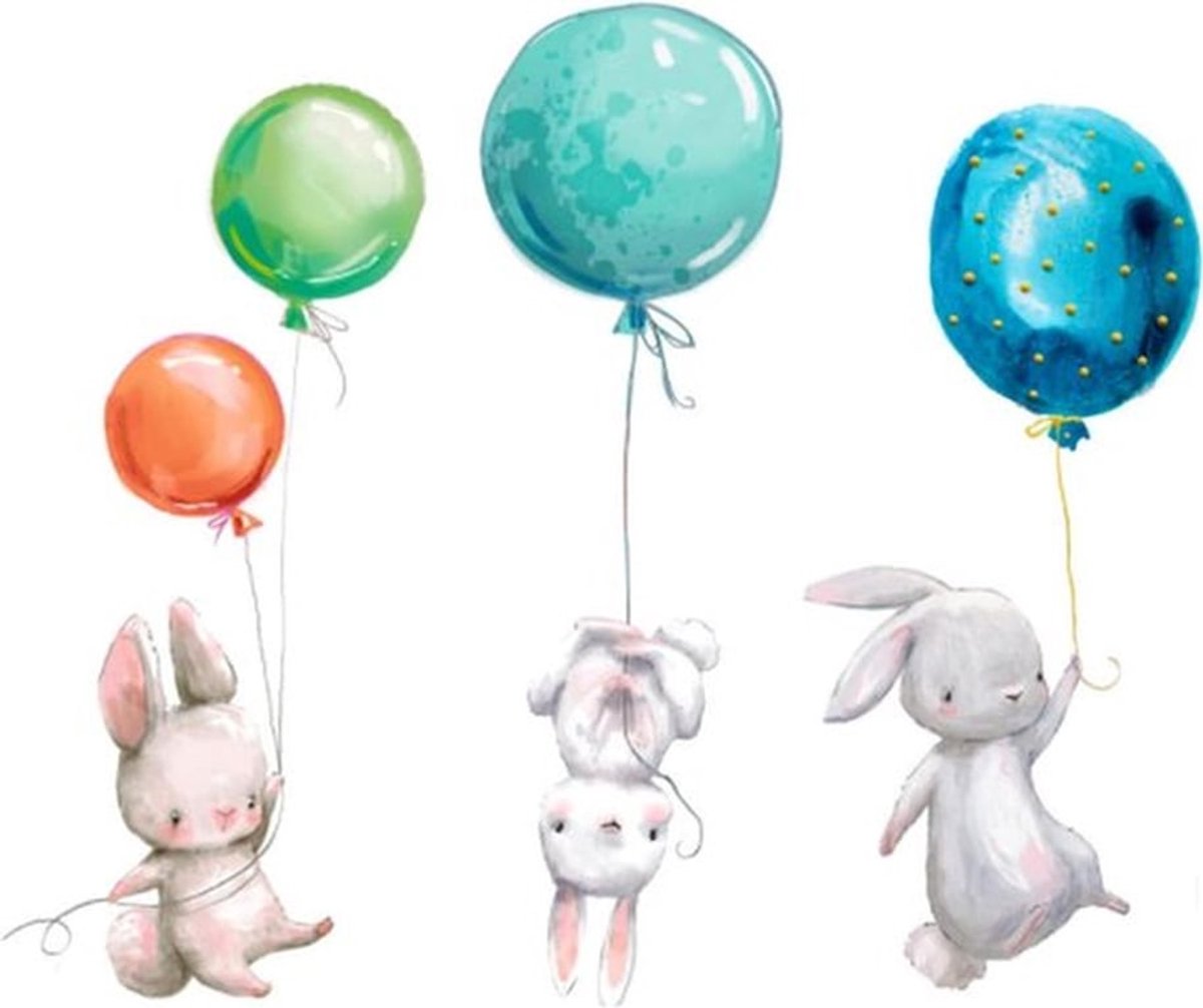 Muursticker Konijn Ballonnen Babykamer Decoratie Dieren Sticker Speelkamer Kinderkamer Meisje Jongen 67 x 56 cm