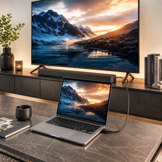 Een laptop is via een zwarte HDMI-kabel verbonden met een grote tv met een landschap van bergen bij zonsondergang.