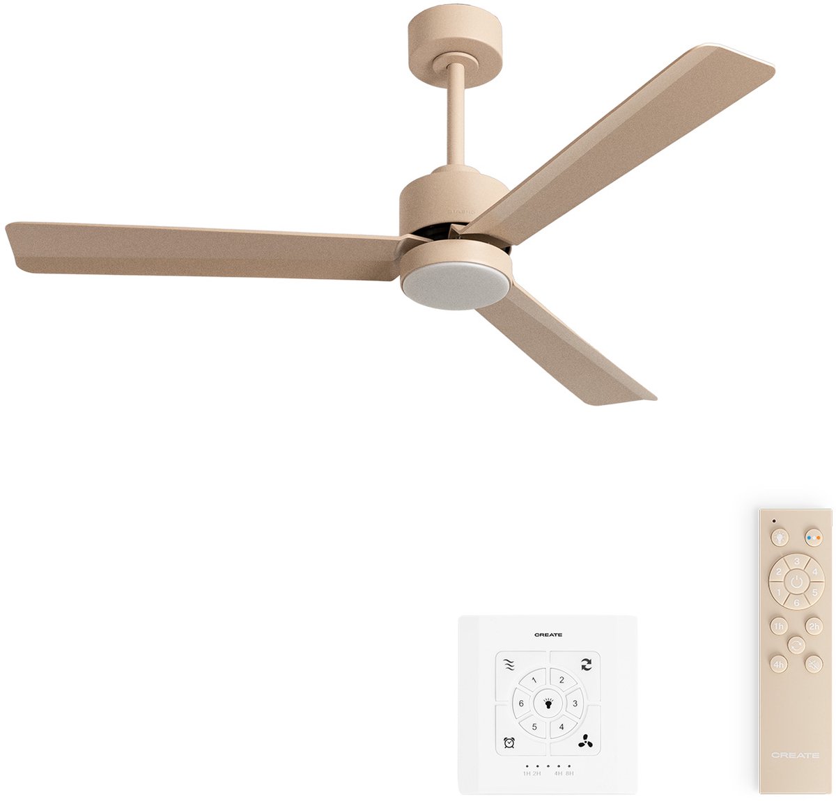 CREATE - Stille plafondventilator 40W met licht - Zand- Ø132cm -Controller voor wandmontage + afstandsbediening - WIND MODERN