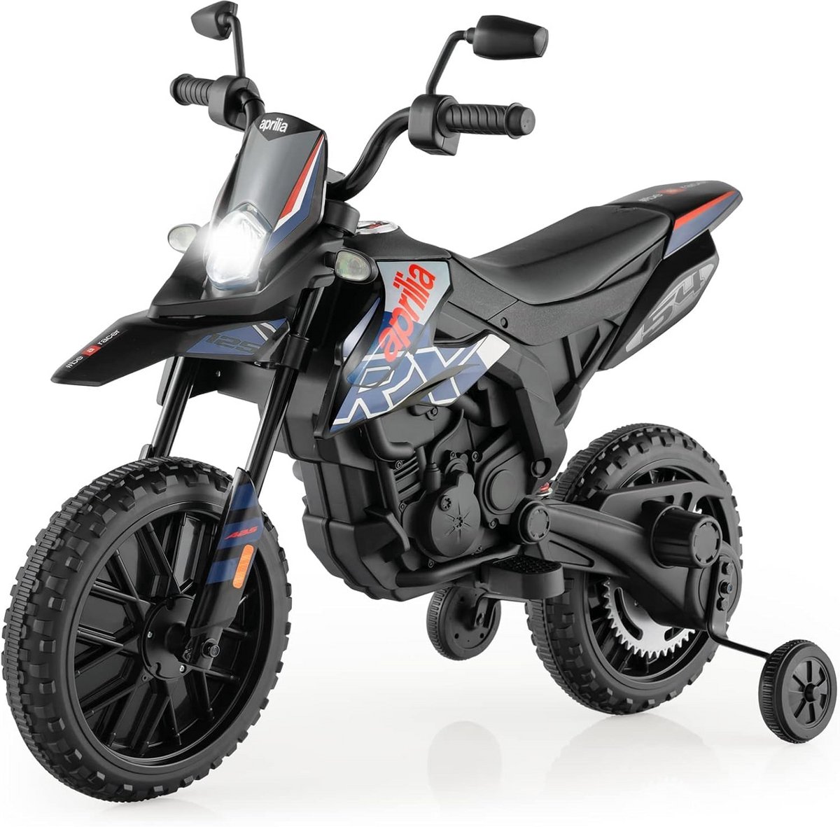 Elektrische Kinder Motorfiets 12V met Steunwielen, Muziek en Verlichting Blauw Zwart