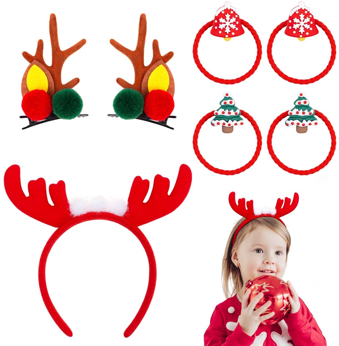 ONF3 - 7-delige haaraccessoires voor meisjes - Kerstmis - Haarband en haarelastiekjes - Rendier thema - Meisjes haaraccessoires - Geschikt voor ...