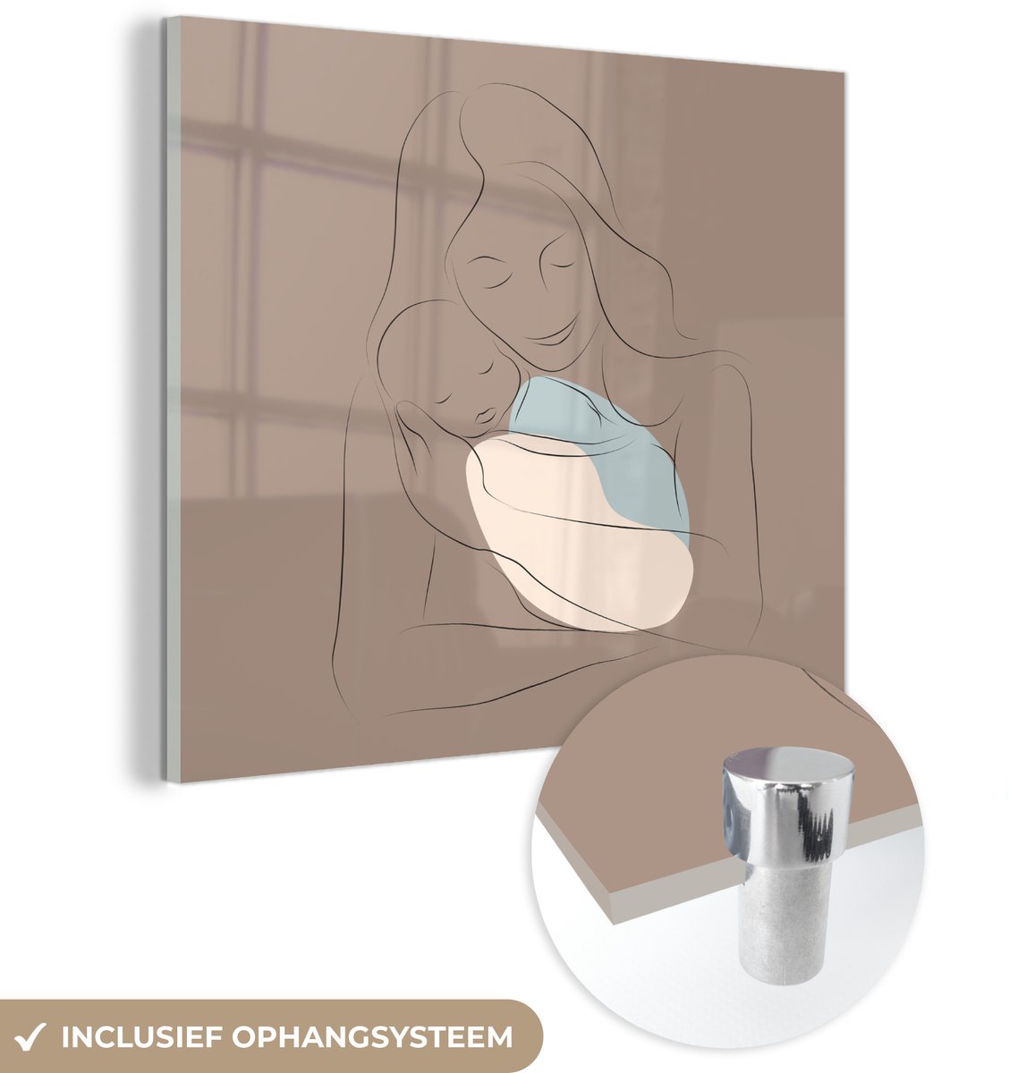 ® Glasschilderij 90x90 cm - Schilderij acrylglas - Moeder - Pasgeboren baby - Line art - Foto op glas - Muurdecoratie woonkamer - Wanddecoratie slaapkamer - Schilderijen