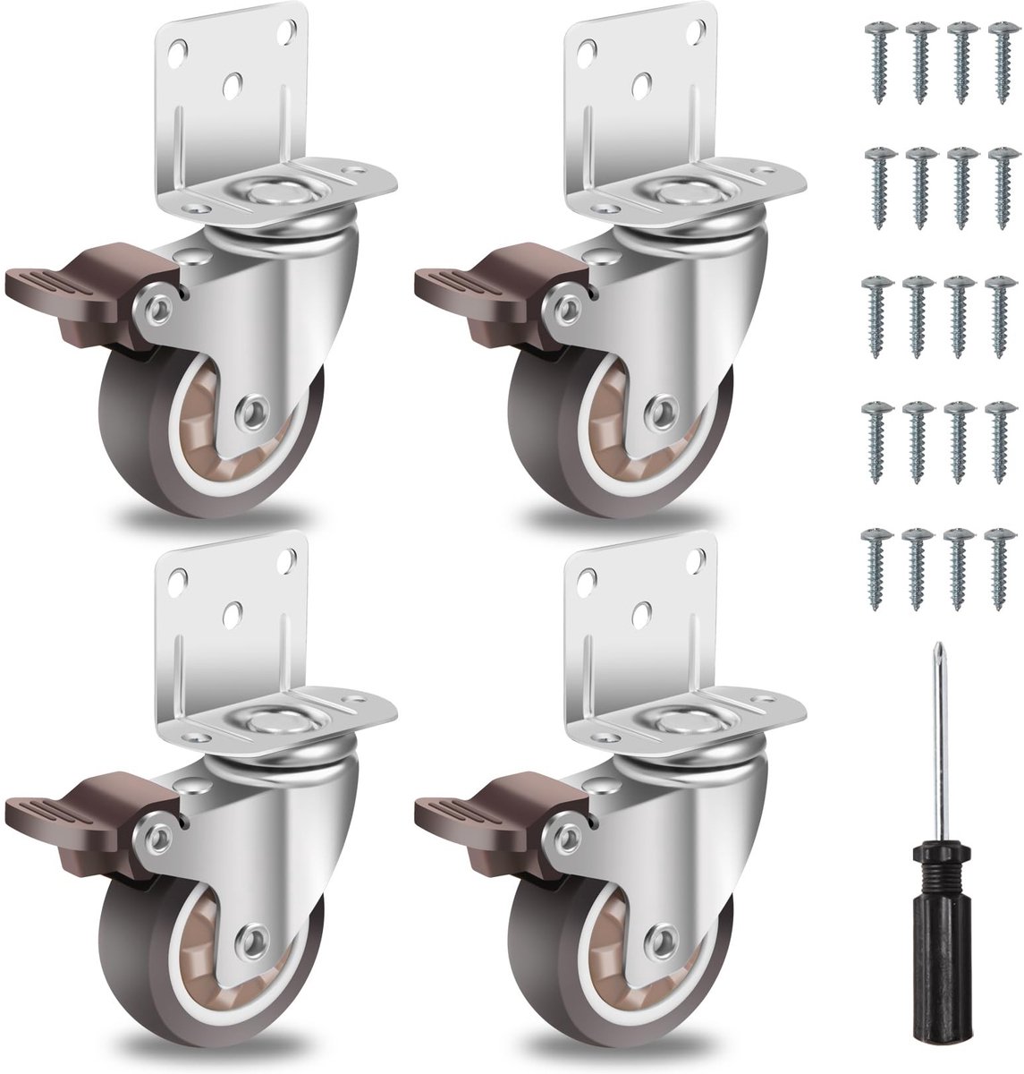 aladdien - Zwenkwielen - 2 Inch Zwenkwielen - Perfect voor Meubels - Bruin - Rubber Wielen - 600 Draagcapaciteit - Geschikt voor Multi-Surface -...