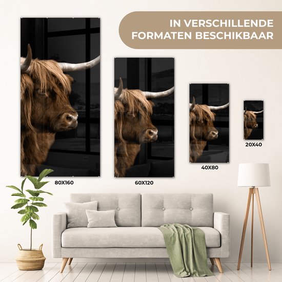 ® Glasschilderij 60x120 cm - Schilderij acrylglas - Schotse hooglander - Koe - Zwart - Foto op glas - Muurdecoratie woonkamer - Wanddecoratie slaapkamer - Schilderijen