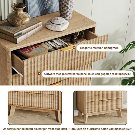 Houten ladekast met gouden handgrepen, golvend front, en stevige poten. Gedetailleerde close-ups.