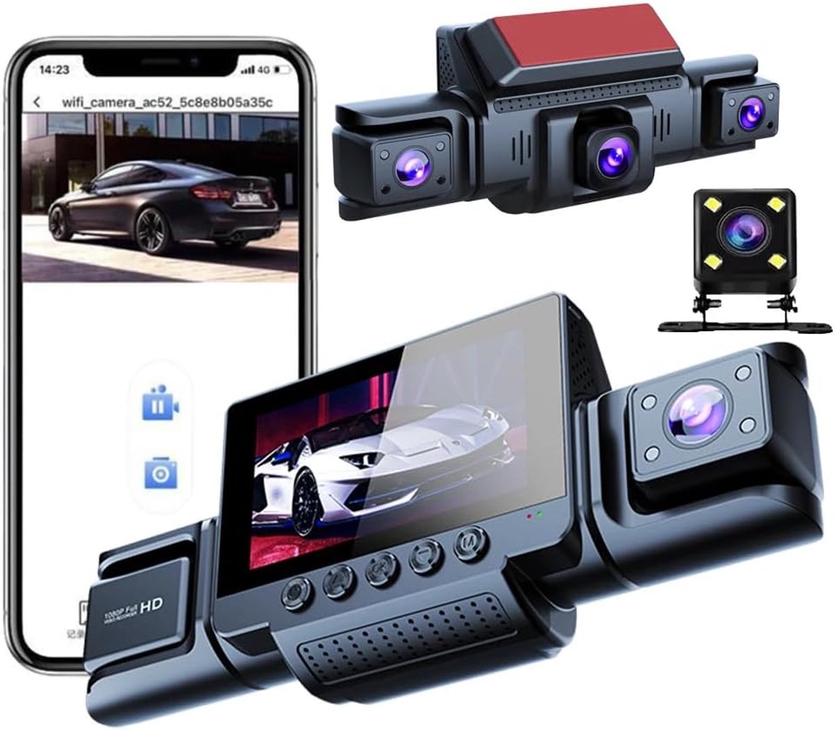 Dashcam Auto 360 graden - 4 camera's-1080p Full-HD, Inclusief 64GB geheugenkaart, wifi, nachtzicht, G-sensor, bewegingsdetector, 3 inch IPS-display, waterdicht, loop-opname,trigger bij ongevallen-WDR