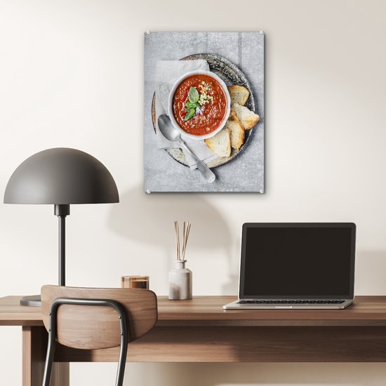 Peinture sur verre - Une nature morte de soupe à la tomate et de pain grillé - 30x40 cm - Peintures sur Verre Peintures - Photo sur Glas