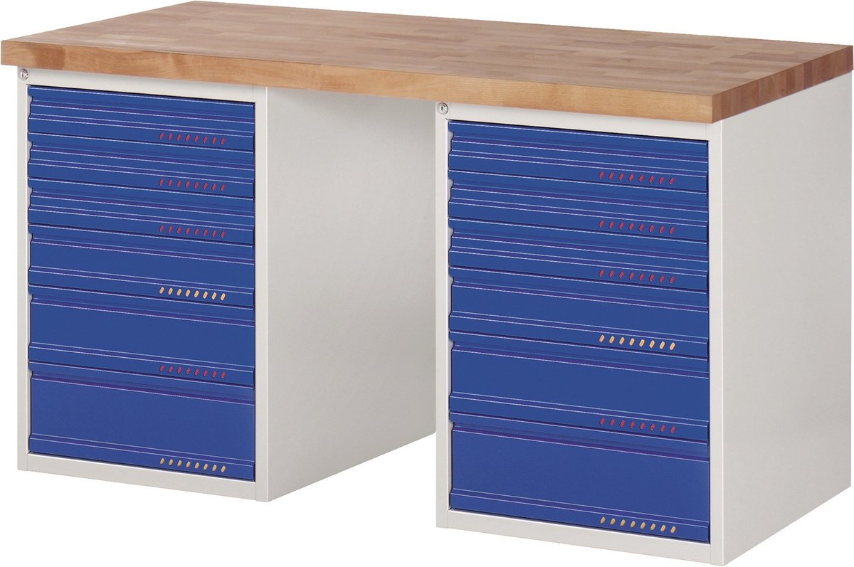 Werkbank Ser.BK 650 B1500xT700xH840mm Buche lichtgrau/blau 12 Schubl.TECWERK