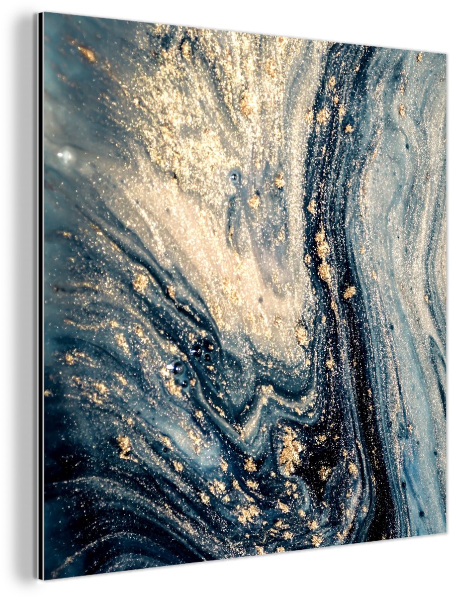 Aluminium schilderij 50x50 cm - Wanddecoratie metaal - Marmer - Verf - Glitter - Goud - Me