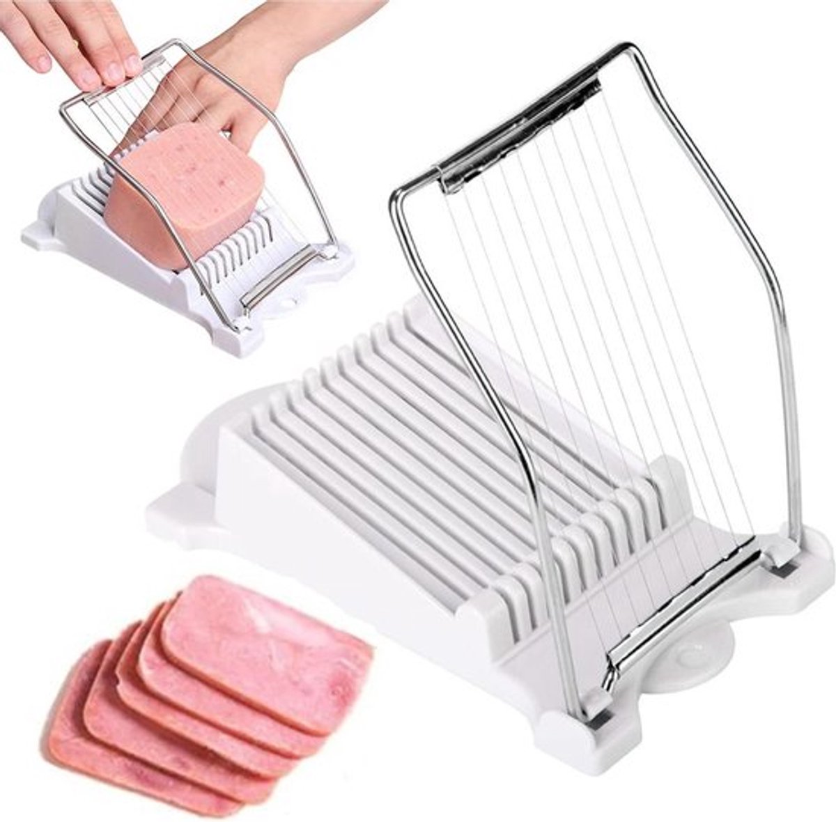 Multifunctionele Hamsnijder voor Ham, Vlees, Ei, Aardbei - 10 Plakjes - Roestvrij Staal - Wit