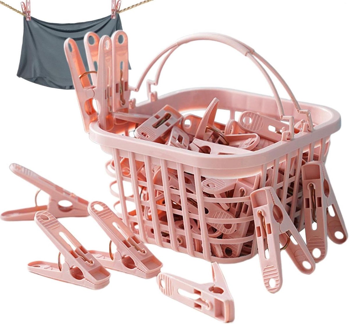 Wasmand met knijpers - Kleine clips - Kleding drogen - Winddicht ontwerp - 30 stuks - Roze