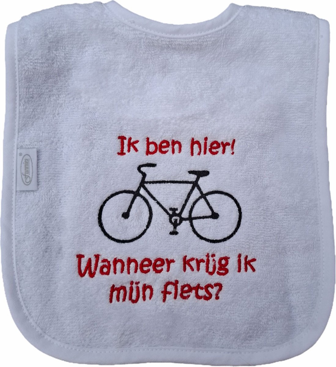 Witte slab met "Ik ben hier! Wanneer krijg ik mijn fiets?" - fietsen, wielrennen, tour, fietsje, kraamcadeautje, cadeautje, tekst