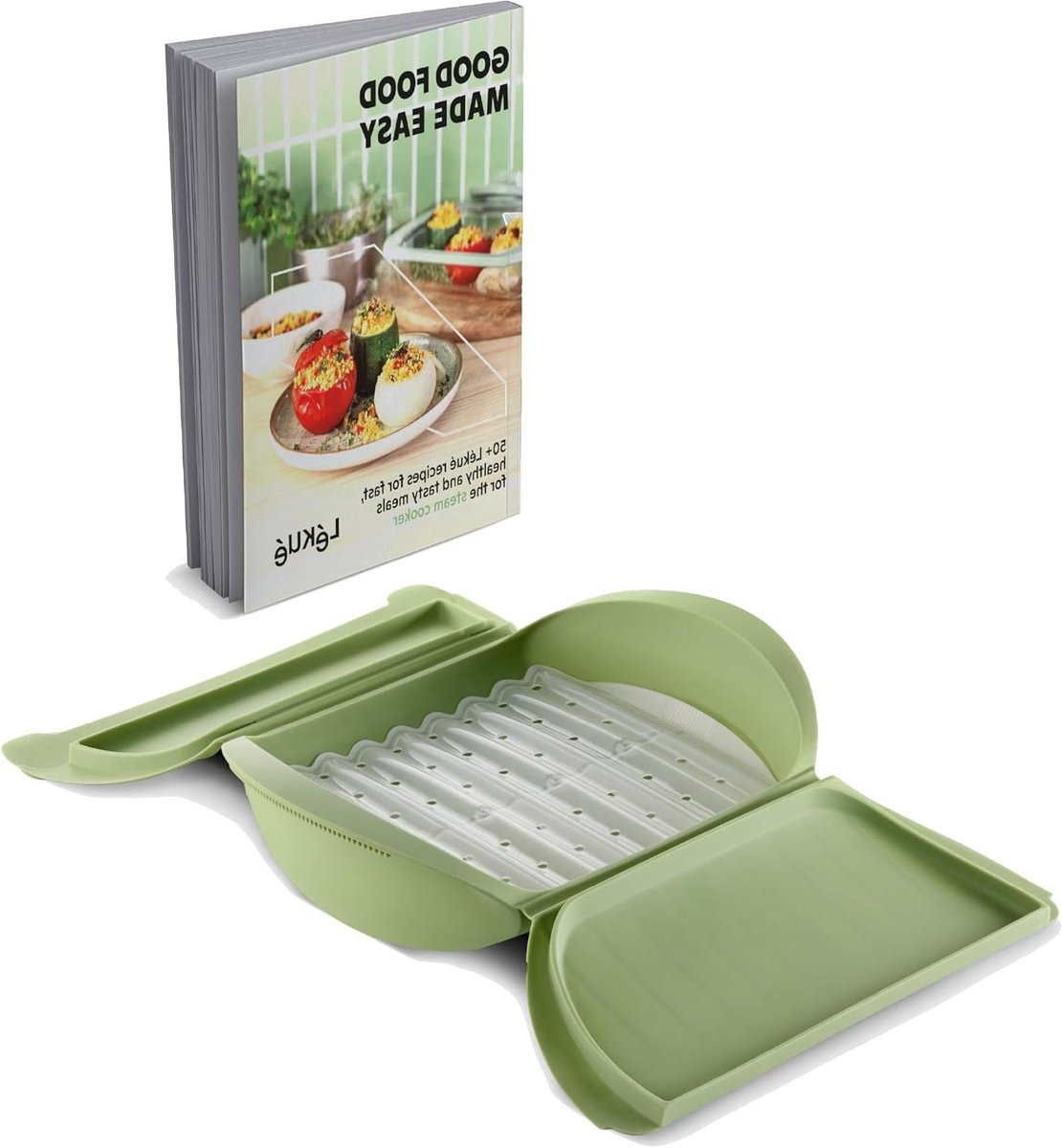 Stoomcontainer Magnetron - Stoompan Siliconen - Gezonde Maaltijden - Met Dienblad - 1400 ml - Groen