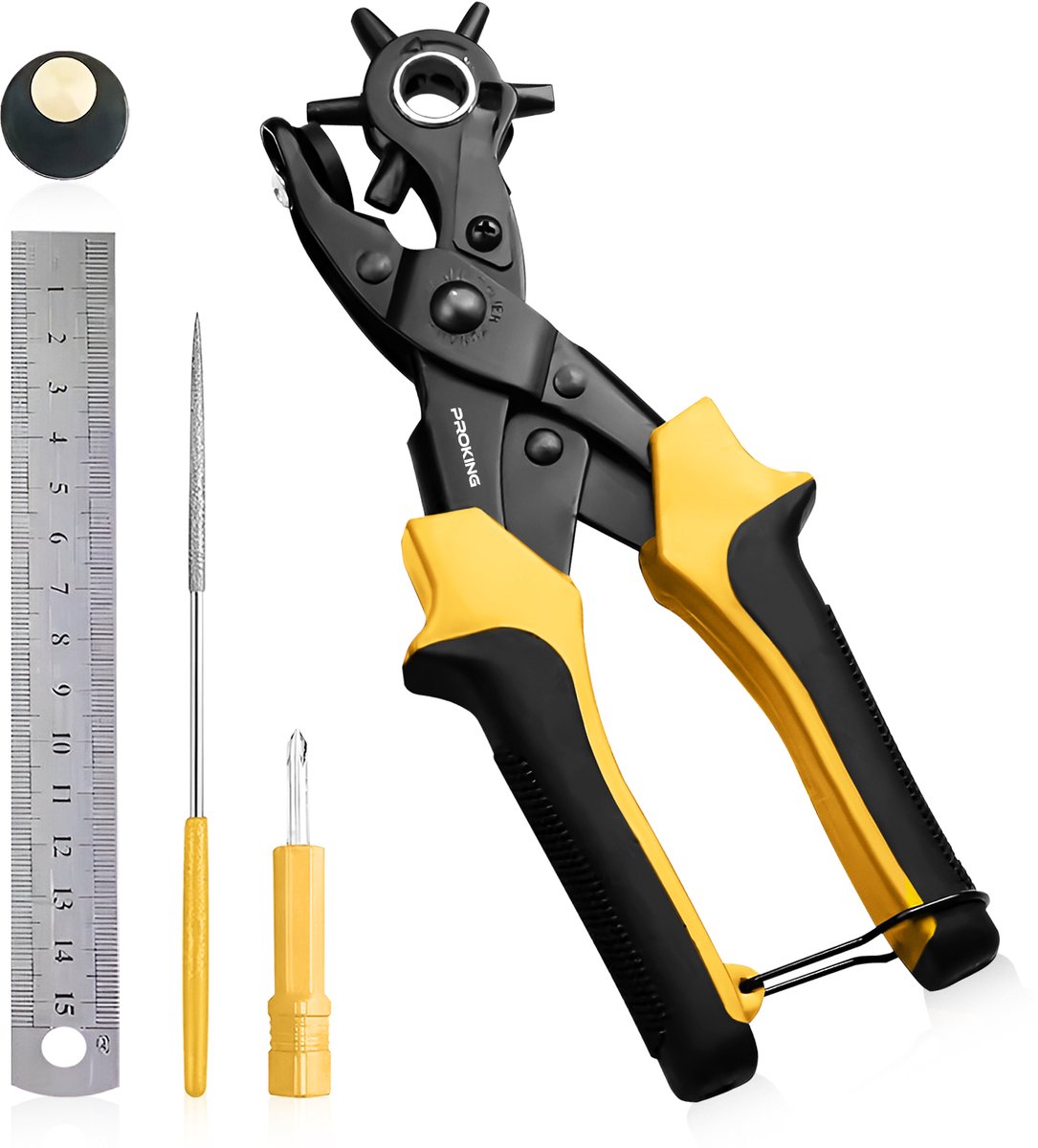 PROKING Gaatjes tang - Gatentang - Gaatjestang - Voor riem - Leder - Schoenen - Perforatietang - Revolvertang - Ponstang - Inclusief priem - Lineal - Gatenmaker