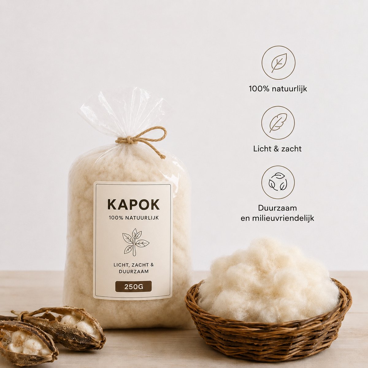 Kapok vulling 250 gram - Kussenvulling - navulling - natuurlijke vulling - Organische vulling - Natuurproduct - kapokvulling