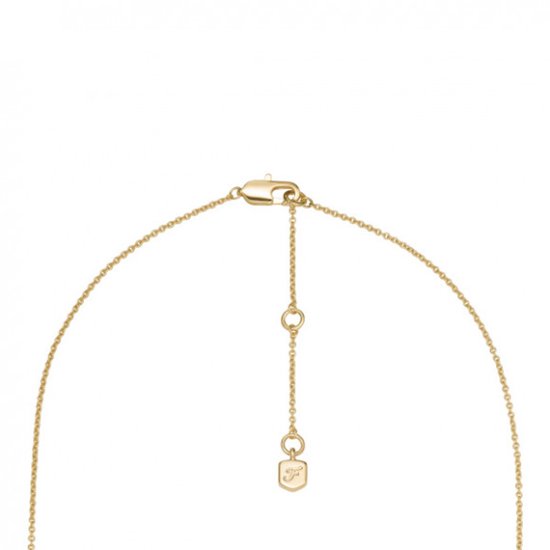 Sluiting en verlengketting van een gouden collier met een FOSSIL logo.