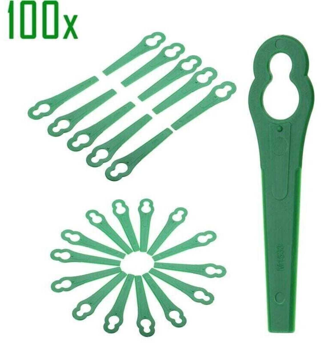 Verpakking van 100 stuks plastic grasmaaierbladen, geschikt als accessoire geschikt voor tuingrasmaaiers, vervangende grasmaaierbladen, milieuvriendelijk.