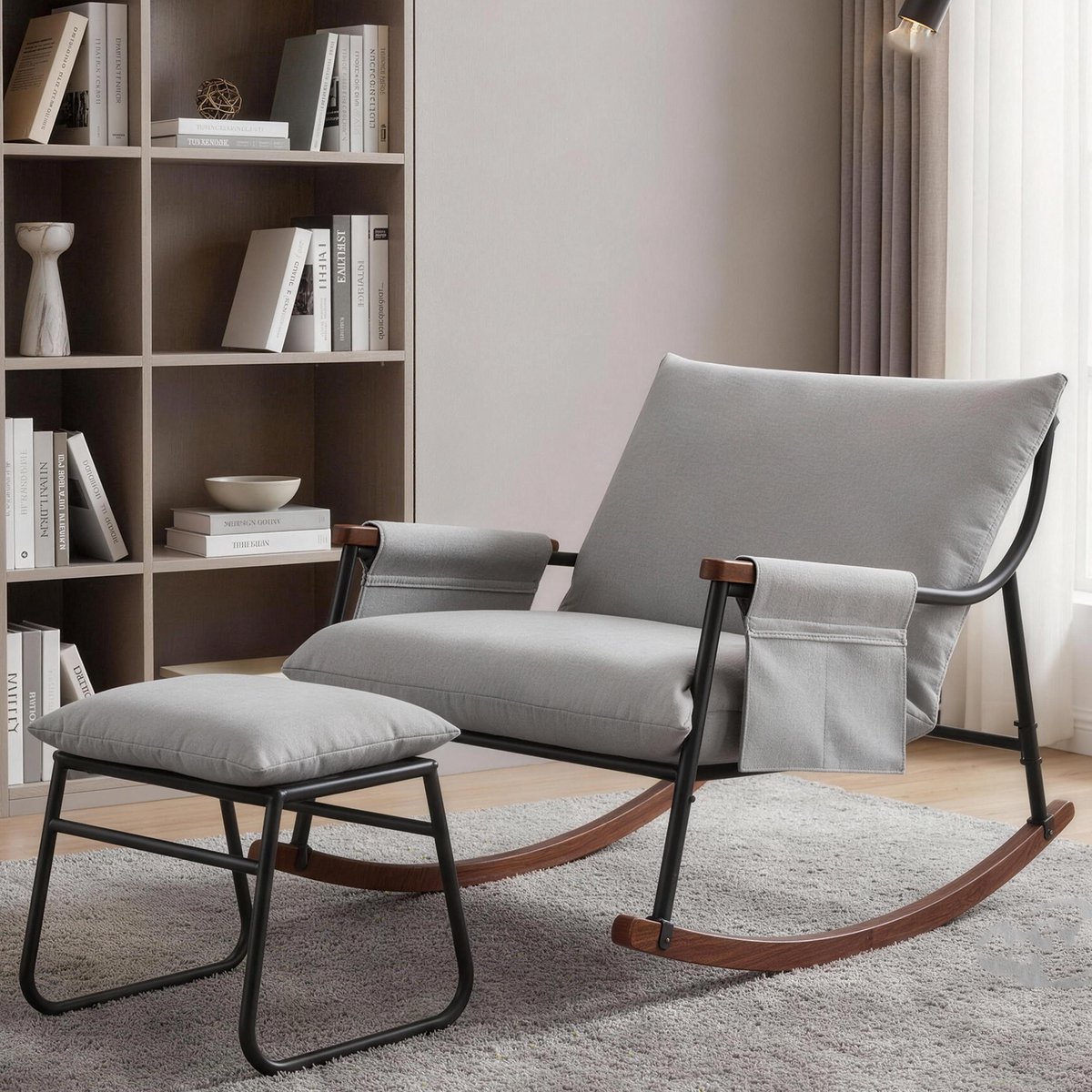HomeMiYN Schommelstoel - Comfort Serie - Enkele Houten Armstoel voor Volwassenen - Comfortabele Woonkamer Schommelstoel - Wonen Relax Stoel - Lichtgrijs Tech Fabric