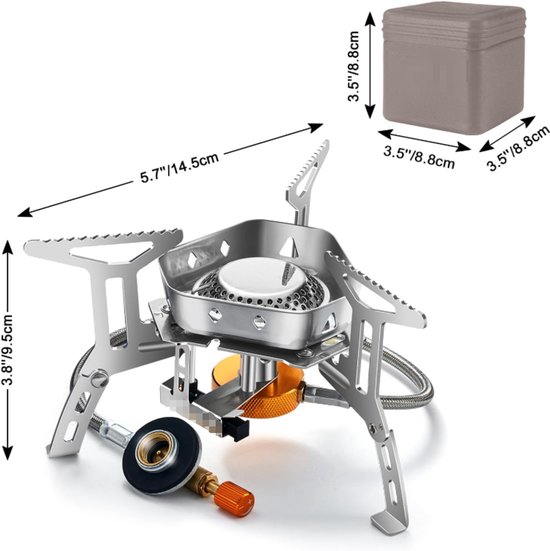 Campingkooktoestel, 3200 W, met piëzo-ontsteking, winddicht, werkt op gas, voor alle schroefcartouches, gasbrander, met adapter, opvouwbaar, kooktoestel voor camping, grijs — afbeelding 3