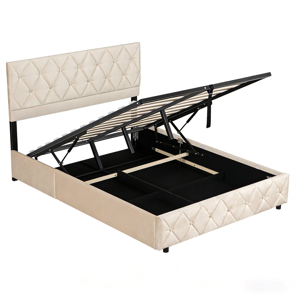 MODFU Tweepersoonsbed 160x200 cm – 204x160,5x100-110 cm – Gestoffeerd beige fluweel – Zacht hoofdbord – Incl. lattenbodem – Slaapkamer