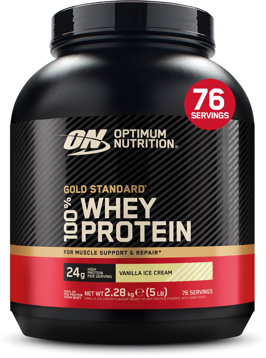 Bol.com Optimum Nutrition Gold Standard 100% Whey Protein – Vanilla Ice Cream – Proteine Poeder – Eiwitshake – 2280 gram (76 sha... aanbieding