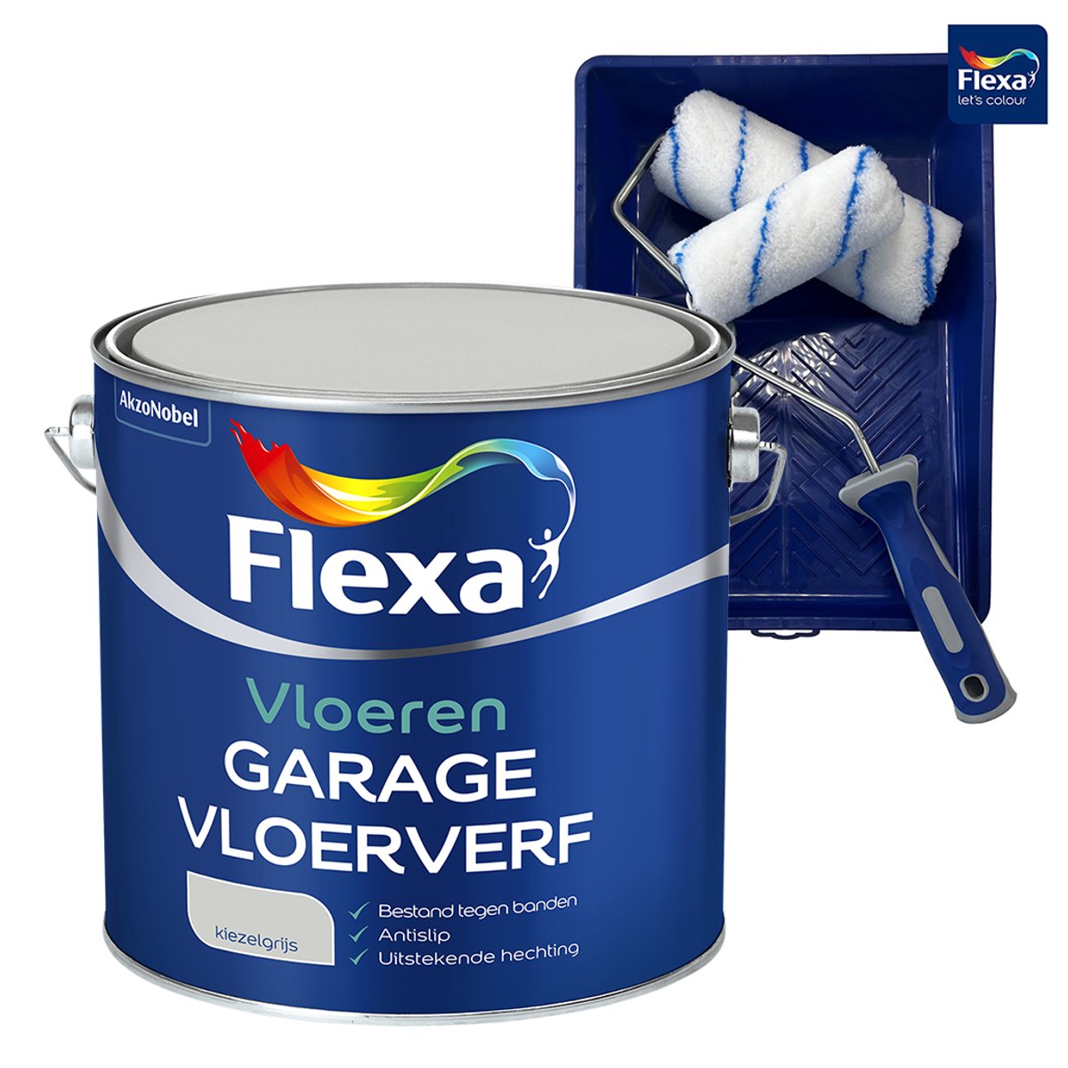 Voordeelpakket Flexa Garagevloerverf - Kiezelgrijs Wb - 2.5L + Muurverf Roller - 5 Delig